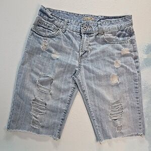VTG Carbon Baggy Distressed Denim Jorts 30x12"‎ Light Wash Ripped Raw Skater Y2K